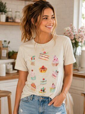 Vinyl Threads Womens Cream Cupcake Dessert Graphic Print Short Sleeve T Shirt